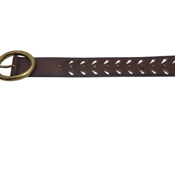 Vintage Chocolate Burnish Genuine Leather Western Belt Brass Cutouts Studded M - Picture 5 of 12